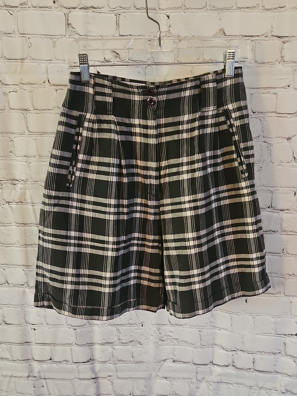 Rafaella Black and White Plaid Shorts with Accent Button